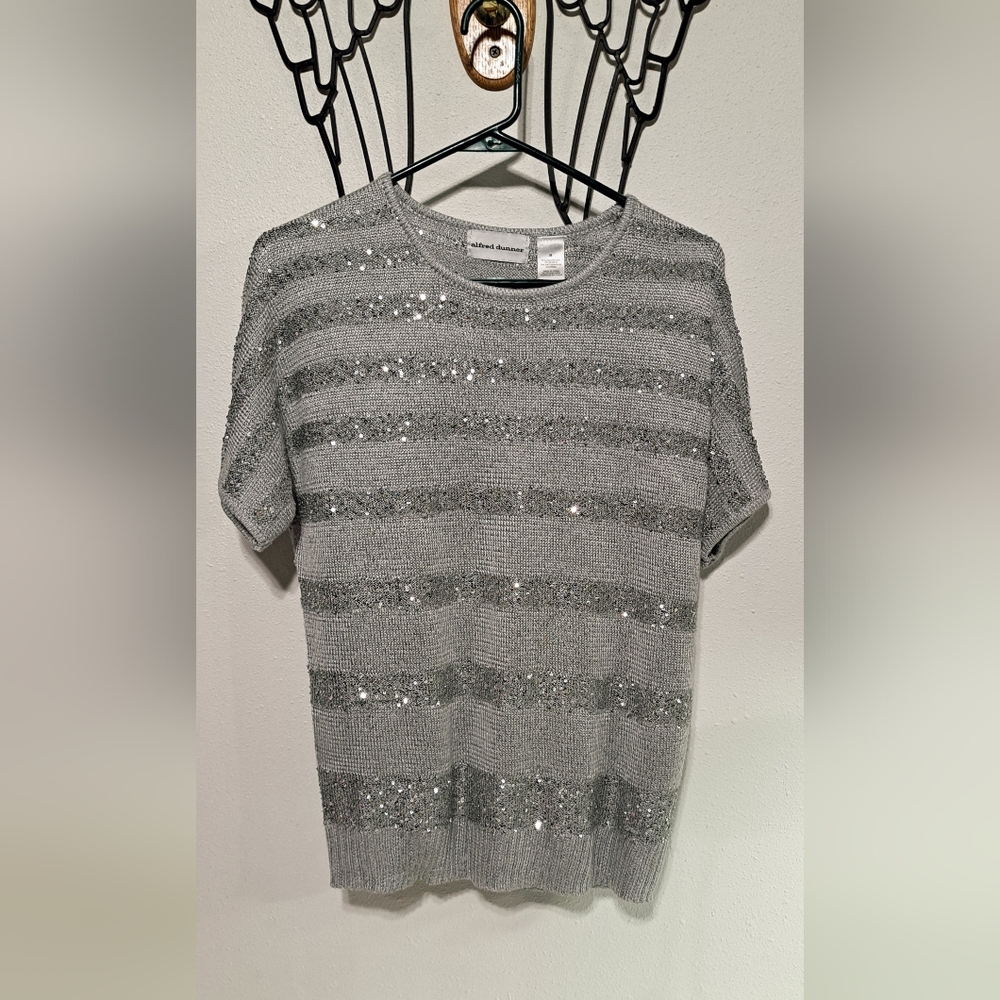 Alfred Dunner Silver Sequin Striped Short Sleeve Top